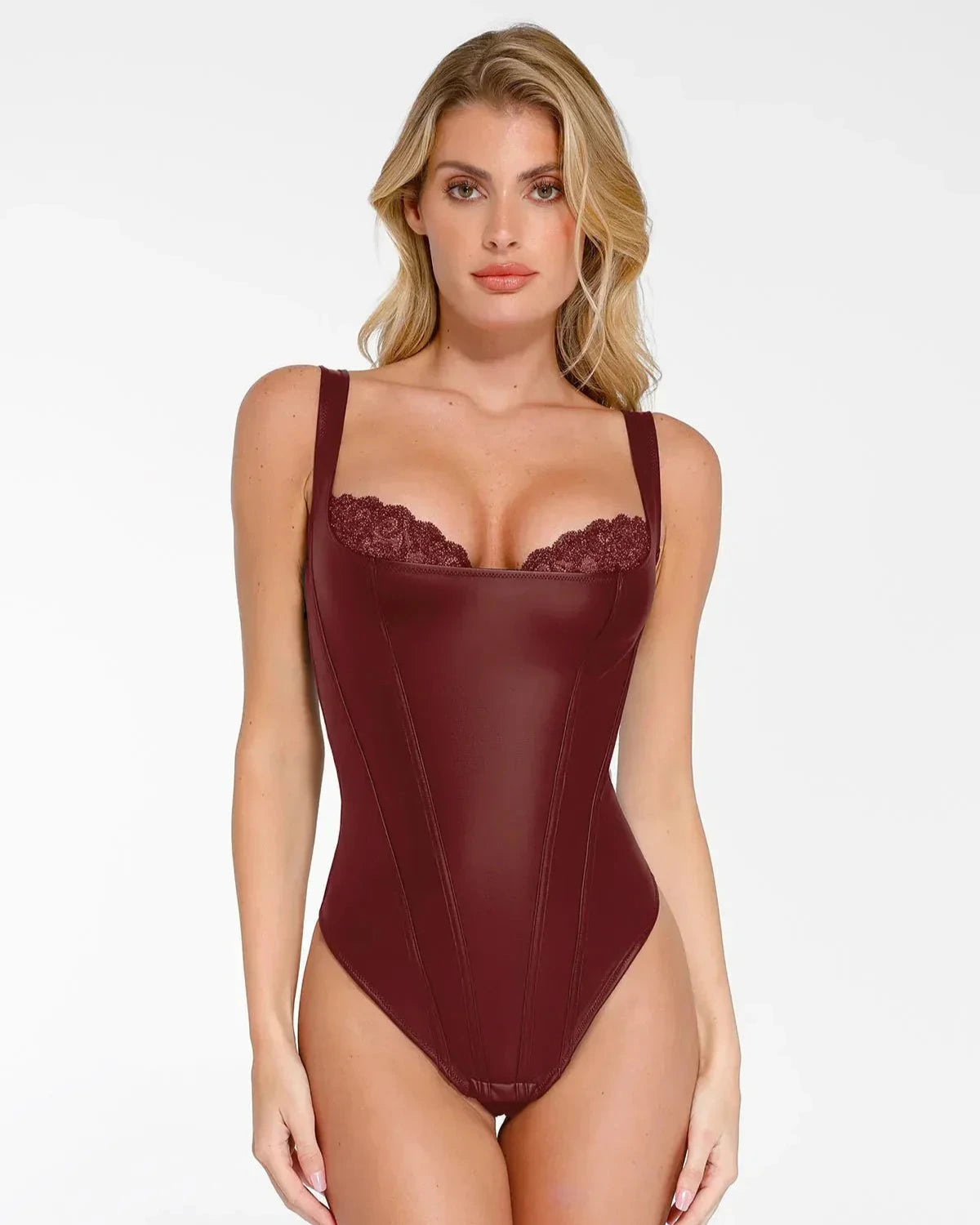 Shapewear Balconette-Bodysuit aus Kunstleder mit Spitze